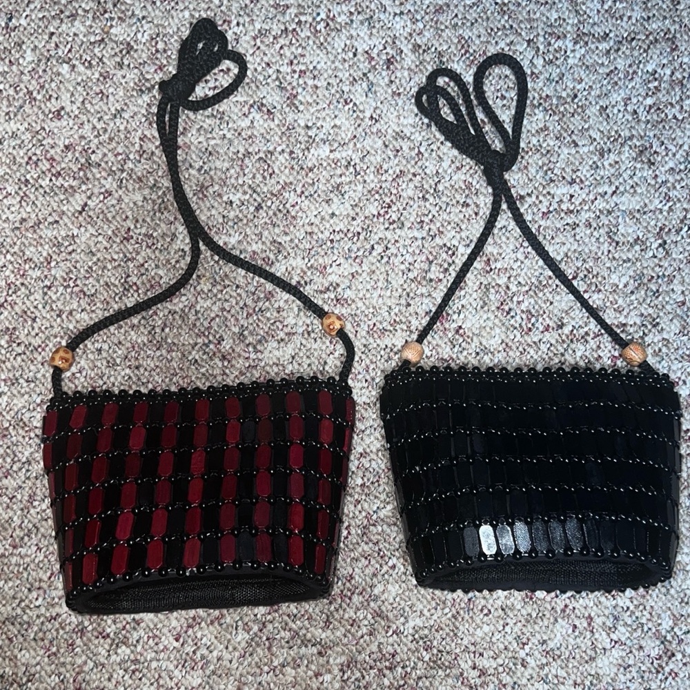 Set of 2 African Handmade Wood Beaded Shoulder Bags – Red/Black + Black